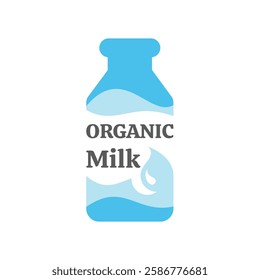 Organic milk bottle vector label. Colorful blue and white with milk text icon.