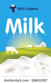 Organic milk label with splashes, cows and farm 