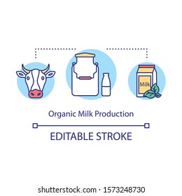 Organic milk production concept icon. Local bussiness idea thin line illustration. Dairy without pesticides and antibiotics. Product of farms. Vector isolated outline drawing. Editable stroke