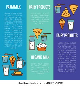 Organic milk products vertical flyers with different dairy composition isolated on color background, vector illustrations in line style design. Traditional and healthy products. Natural farm food