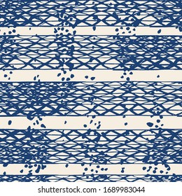 Organic Minimal Grid. Watercolor Shoji Design. Kimono Tile.  Shibori Seamless Pattern. Tie Dye Abstract Texture. Batik Tie Dye Border. Stencil Japan Background. Navy Blue and Beige