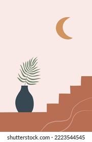 Organic minimalistic landscape in hand drawn flat style with staircase, vase, leaves, moon. Perfect for wall art in the style of mid century modern