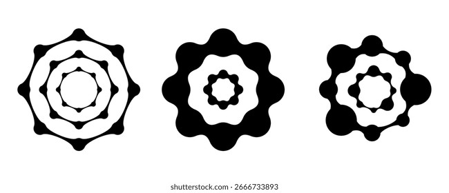Estructura de moléculas orgánicas, puntos conectados metabólicamente. Conjunto de logotipo de copo de nieve redondo de conexión, fluidos tecnológicos, símbolo de gotas de colágeno líquido en estilo de albóndiga, colección de icono de Vector de copo de nieve