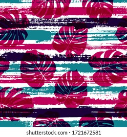 Organic monstera philodendron liana hole leaves overlapping stripes vector seamless pattern. Indonesian jungle foliage summer fashion print. Tropical leaves silhouettes wallpaper.