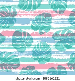 Organic monstera philodendron liana hole leaves overlapping stripes vector seamless pattern. South african forest foliage clothing fabric print. Tropical leaves silhouettes wallpaper.