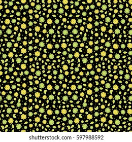 Organic motif background in yellow and green colors. Seamless pattern on a black background. Cute vector illustration.