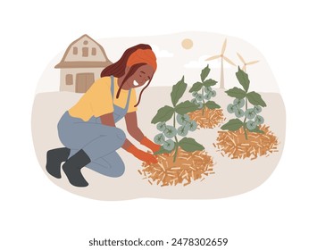 Organic mulching isolated cartoon vector illustrations. Farmer using organic mulching, protect soil, weed management, modern agriculture, using fertilizer, natural decomposition vector cartoon.