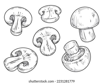 Organic mushrooms monochrome set stickers with halves or whole champignons in different positions for preparing delicious vegetarian dinners vector illustration