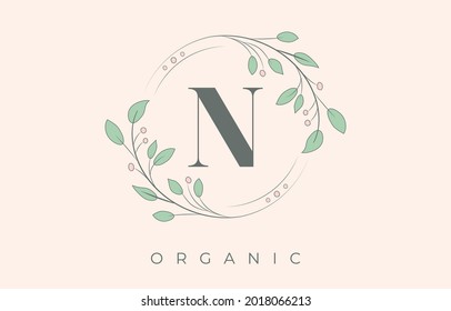 Organic N Letter Logo. Floral Bio and Beauty Retro Logo.