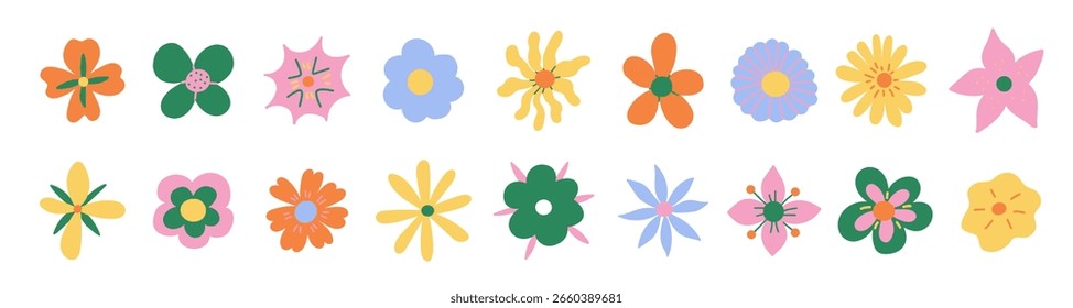 Organic naive floral design elements set. 60s, 70s, hippie, groovy style. Abstract flowers, daisies isolated on a white background. The botanical banner