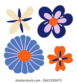 Organic naive floral design elements set. 60s, 70s, hippie, groovy style. Abstract flowers, daisies isolated on a white background. The botanical flat banner, square composition. Flowers illustration