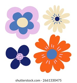 Conjunto de Elementos de diseño florales naive orgánicos. Años 60, 70, estilo hippie, groovy. Flores Abstractas, margaritas aisladas sobre un fondo blanco. El Anuncio plano botánico, de composición cuadrada. Ilustración de flores