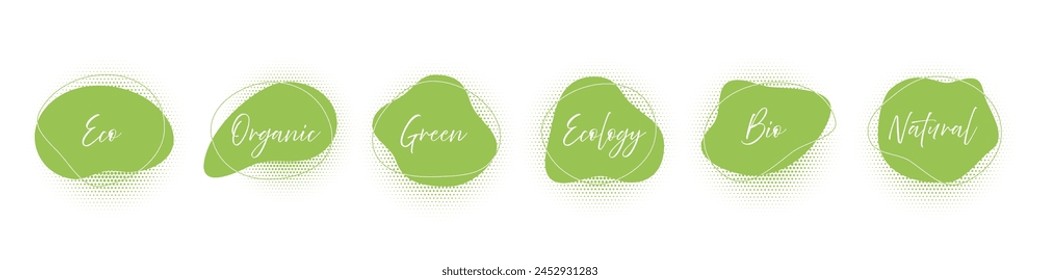 Organic natural abstract ecology amoeba blob shapes vector collection. Color liquid uneven bubbles with different words ecology, bio, natural. Sign label, textured emblem, graphic element, eco design.