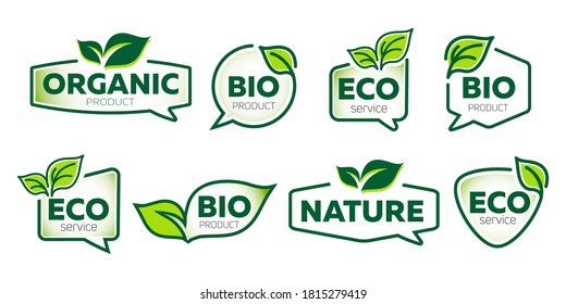Organic natural bio emblems. Leaves labels, elements, frames and logo. Set of icons, health food badges. Fresh eco vegetarian products.

