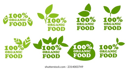 Organic natural bio labels icon set, healthy food icons, 100 organic food, fresh organic vegetarian food. Vector illustration. Printing on packaging for goods in stores. A sign of naturalness