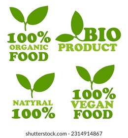 Organic natural bio labels icon set, healthy food icons, 100 organic food, fresh organic vegetarian food. Vector illustration. Printing on packaging for goods in stores. A sign of naturalness. Branch