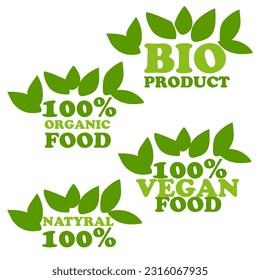 Organic natural bio labels icon set, healthy food icons, 100 organic food, fresh organic vegetarian food. Vector illustration. Printing on packaging for goods in stores. A sign of naturalness. Leaves