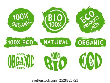 Étiquettes biologiques naturelles biologiques, ensemble d'icônes, icônes d'aliments sains, aliments écologiques. Illustration vectorielle