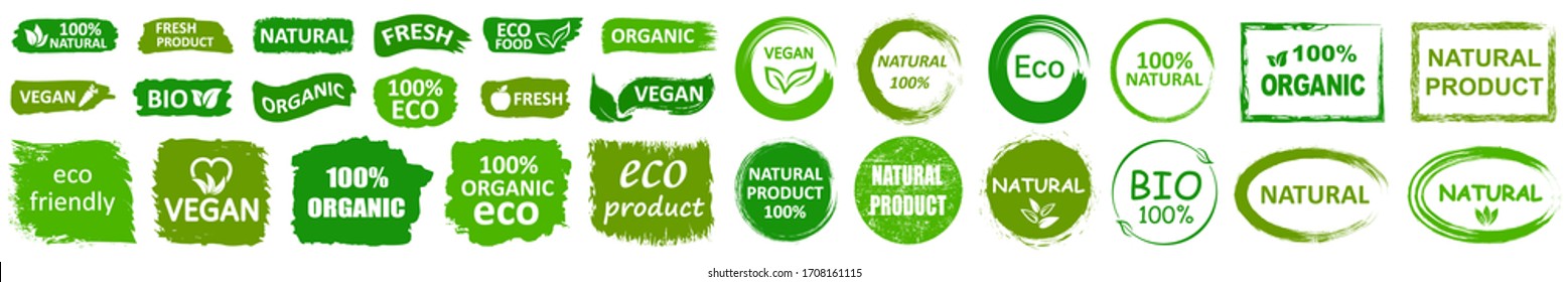 Etiquetas biológicas naturales orgánicas icono, insignias de alimentos saludables, comida vegetariana fresca - vector