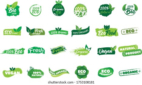 Las etiquetas biológicas naturales orgánicas son un icono, insignias de alimentos saludables, comida vegetariana ecológica fresca. vector