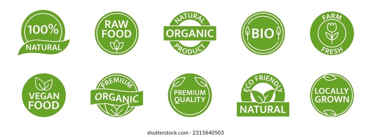 Organic, natural, bio product icon set. Vegan healthy food label. Eco friendly tag. Farm fresh, locally grown badges. Gmo free. Beauty product. Organic cosmetic. Premium quality. Vector illustration.