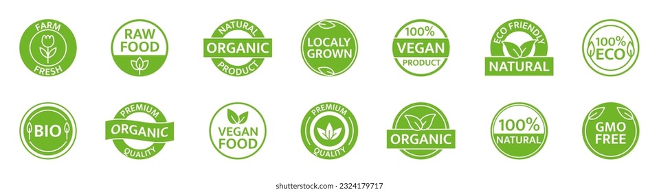 Organic, natural, bio product icon set. Gmo free. Healthy vegan food label. Farm fresh, locally grown badges. Eco friendly tag. Beauty product. Sustainable life. Premium quality. Vector illustration.