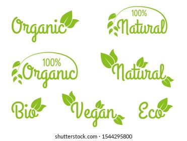 Organic, Natural, Bio, Vegan and Eco icon or logo set. Healthy food and product labels with green leaves. Vector illustration.