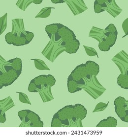 Organic and natural broccoli tasty meal with basil leaves, snacks and healthy dieting. Vegetables from farm, harvested ripe veggies. Seamless pattern, wallpaper background print. Vector in flat style