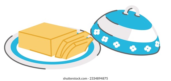 Organic and natural butter slices, dairy product served on plate with lid. Isolated food ingredient for cooking and eating pastry. Shop or store presentation, advertisement. Vector in flat style