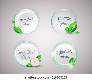 Organic natural circular badges with green leaves, droplets and a rose, EPS 10