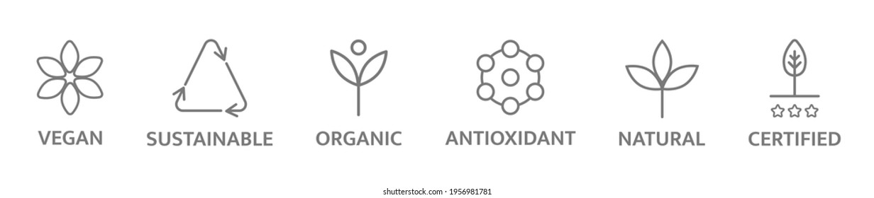 Organic and natural cosmetic line icons. Non toxic logo. Eco, vegan label. Allergen free badges. Skincare symbol. Beauty product. Gluten and paraben free cosmetic. Sensitive skin. Vector illustration.