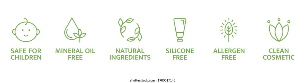 Organic and natural cosmetic line icons. Skincare symbol. Allergen free badges. Beauty product. Clean cosmetic. Non toxic logo. Eco, vegan label. Safe for children. Vector illustration.