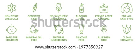 Organic and natural cosmetic line icons. Skincare symbol. Allergen free badges. Beauty product. Gluten and paraben free cosmetic. Non toxic logo. Eco, vegan label. Sensitive skin. Vector illustration. Foto d'archivio © 