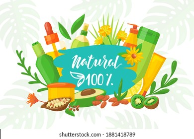 Organic natural cosmetic, nature label banner vector illustration. Green product for health design, floral logo element. Fresh plant leaf for healthy beauty, bio care about skin, symbol icon.