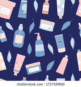 Organic natural cosmetic products and leaves seamless repeat pattern for wrapping paper,wallpaper.