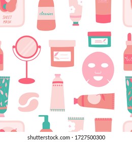 Organic natural cosmetic products seamless repeat pattern for wrapping paper, wallpaper, background.