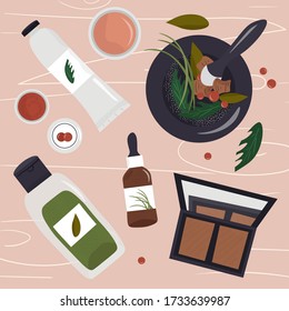 Organic natural cosmetics, the manufacture of eco products for the care of face and body skin. Nice vector flat illustration with beauty products and herbs in a mortar and pestle.