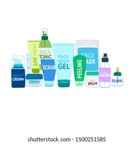 Organic or natural cosmetics. Many jars and bottles with various cosmetic names. Facial skin care. Beauty face. Can be used to design packaging bag, label, banner, tag, brochure, poster, card. Vector