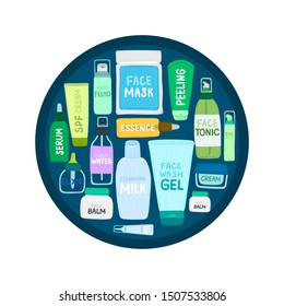 Organic or natural cosmetics. Many jars and bottles with various cosmetic names. Facial skin care. Beauty face. Can be used to design packaging bag, label, banner, tag, brochure, poster, card. Vector