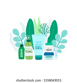 Cosméticos orgánicos o naturales. Muchos frascos y botellas con nombres cosméticos en follaje verde. Cuidado facial de la piel. Cara de belleza. Puede ser utilizado para diseñar el bolso de empaquetado, Anuncio, folleto, cartel, tarjeta. Vector