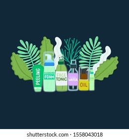 Organic or natural cosmetics. Many jars and bottles with cosmetic names in green foliage. Facial skin care. Beauty face. Can be used to design packaging bag, banner, brochure, poster, card. Vector