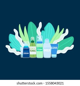 Organic or natural cosmetics. Many jars and bottles with cosmetic names in green foliage. Facial skin care. Beauty face. Can be used to design packaging bag, banner, brochure, poster, card. Vector