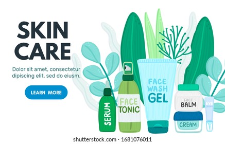 Organic or natural cosmetics. Many jars and bottles with cosmetic names. Facial skin care. Online store. Landing page template. Background is for banner, header, advertising, mailing list. Vector