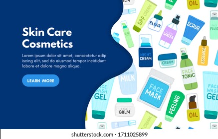 Organic or natural cosmetics. Many jars and bottles with cosmetic names. Facial skin care. Online store. Landing page template. Background is for banner, header, advertising, mailing list. Vector