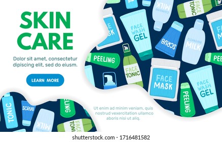 Organic or natural cosmetics. Many jars and bottles with cosmetic names. Facial skin care. Online store. Landing page template. Background is for banner, header, advertising, mailing list. Vector