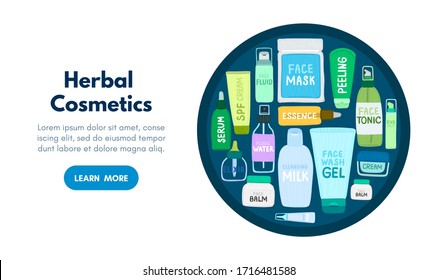 Organic or natural cosmetics. Many jars and bottles with cosmetic names. Facial skin care. Online store. Landing page template. Background is for banner, header, advertising, mailing list. Vector