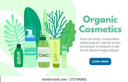 Organic or natural cosmetics. Many jars and bottles with cosmetic names. Facial skin care. Online store. Landing page template. Background is for banner, header, advertising, mailing list. Vector