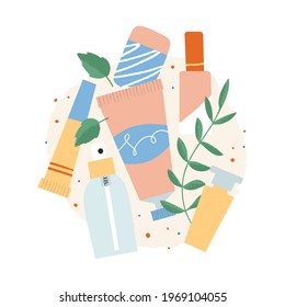 Organic natural cosmetics set. Flat hand drawn tubes and bottles with natural textured leaves. Skincare products: lotion, cream, soap, scrub, shampoo. 
