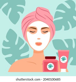 Organic natural cosmetics or skin care beauty products concept vector illustration. Woman with facial mask in flat design.