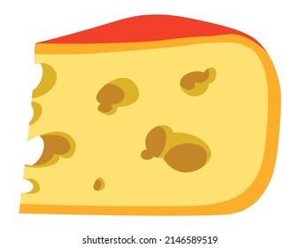 Organic and natural dairy products for dieting and nutrition. Isolated piece of hard cheese with holes. Tasty delicious food, ingredients for cooking and preparing food. Vector in flat style